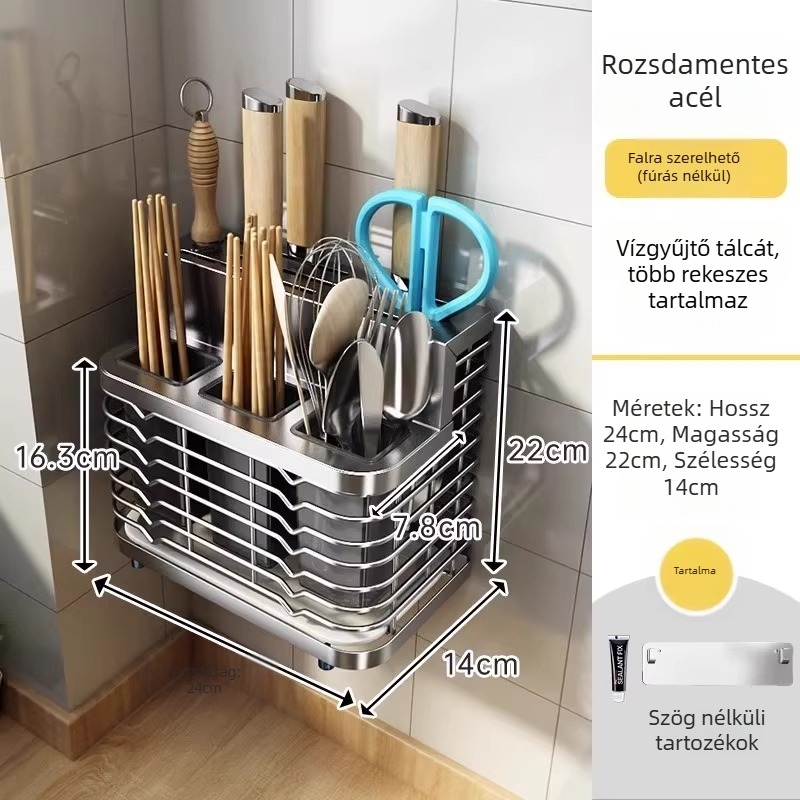 Rozsdamentes acél konyhai falra szerelhető tároló, integrált kés- és evőpálcika tartóval – multifunkcionális munkafelület rendező