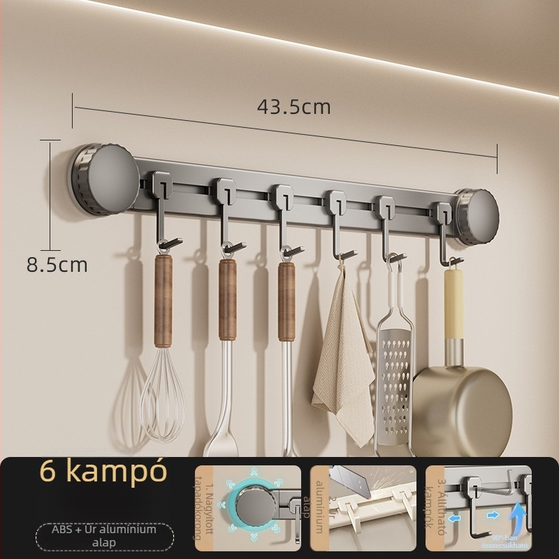 Vákuumos konyhai akasztó, fúrás nélkül, teherbírás 3-5 kg, rendező spatulák és kanálok számára, modern dizájn, 8 darabos készlet, ABS anyag