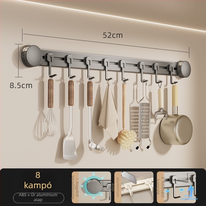 Vákuumos konyhai akasztó, fúrás nélkül, teherbírás 3-5 kg, rendező spatulák és kanálok számára, modern dizájn, 8 darabos készlet, ABS anyag
