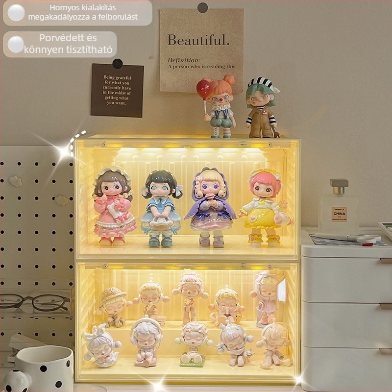 LED-es világítású akril kiállító doboz figuráknak, porvédő tároló