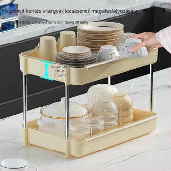 Konyhai edények tároló polca, kétszintes, megemelt kivitel, nagy kapacitás, szárító- és leeresztő polc