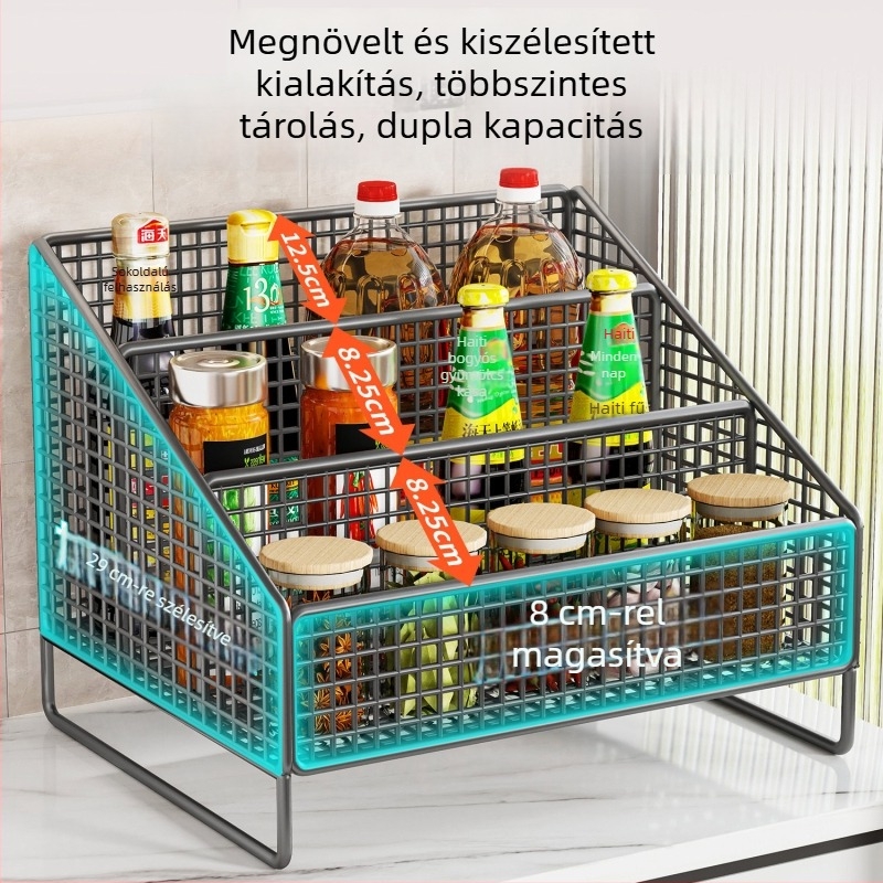 Minimalista fém fűszertároló polc a konyhai pultra – több szintű tároló olajhoz, sóhoz és szószokhoz