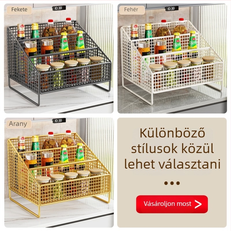 Minimalista fém fűszertároló polc a konyhai pultra – több szintű tároló olajhoz, sóhoz és szószokhoz