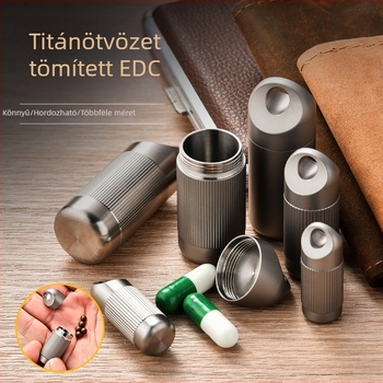 Könnyen hordozható tiszta titánból készült, vízálló gyógyszer-tároló doboz, kör alakú, matt felületű, 12 tabletta kapacitás, ezüst szín, Pioneer EDC.