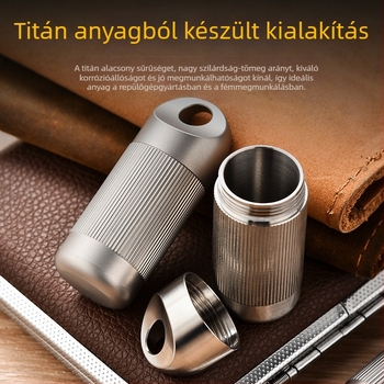 Könnyen hordozható tiszta titánból készült, vízálló gyógyszer-tároló doboz, kör alakú, matt felületű, 12 tabletta kapacitás, ezüst szín, Pioneer EDC.