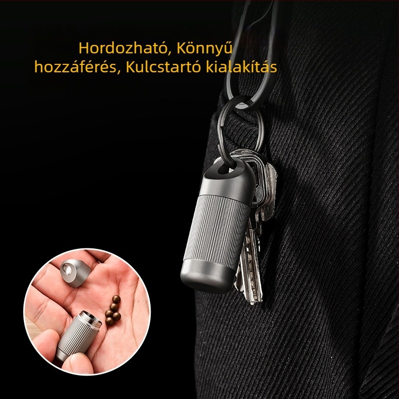 Könnyen hordozható tiszta titánból készült, vízálló gyógyszer-tároló doboz, kör alakú, matt felületű, 12 tabletta kapacitás, ezüst szín, Pioneer EDC.