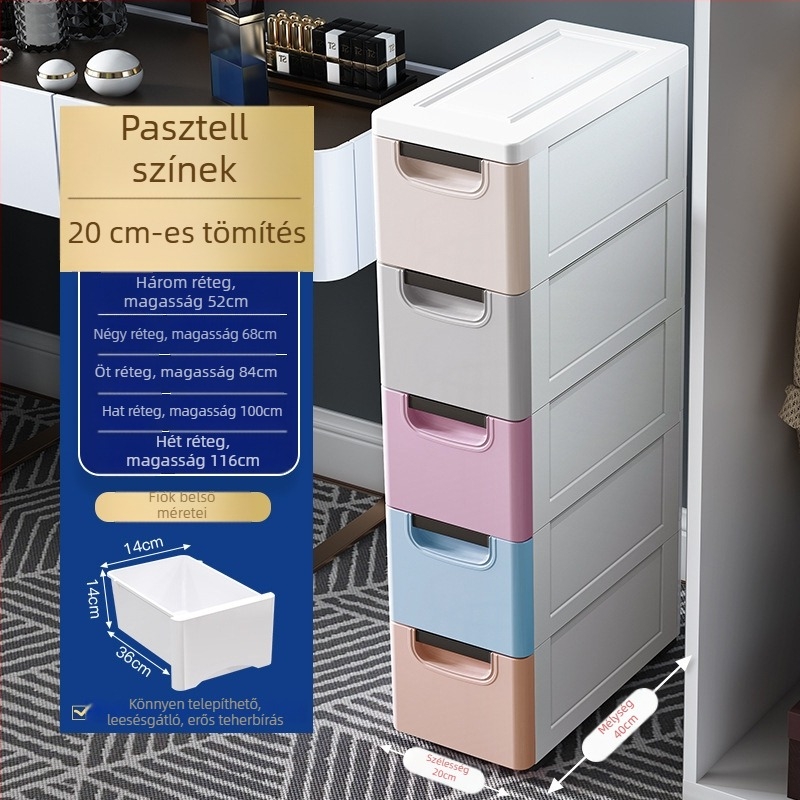 Gyerekeknek készült műanyag tároló szekrény fiókokkal, 20–30 cm széles, vastag falú