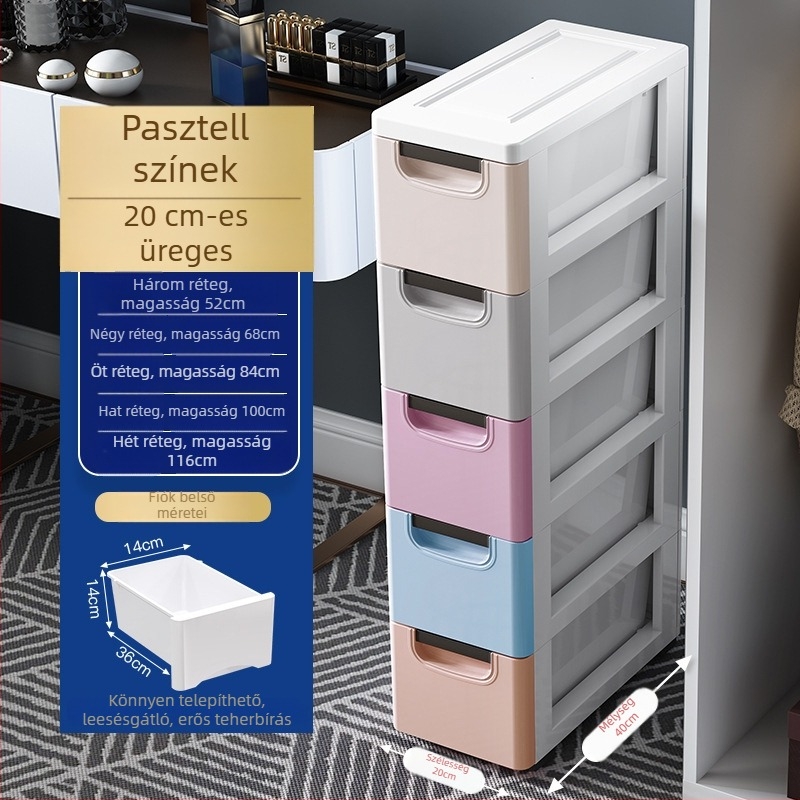 Gyerekeknek készült műanyag tároló szekrény fiókokkal, 20–30 cm széles, vastag falú