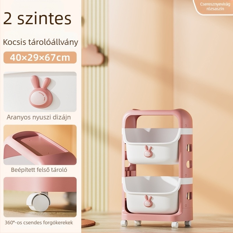 Négy szintű gyerekjáték-tároló állvány görgőkkel, pingvin mintával, levehető tárolókosárral