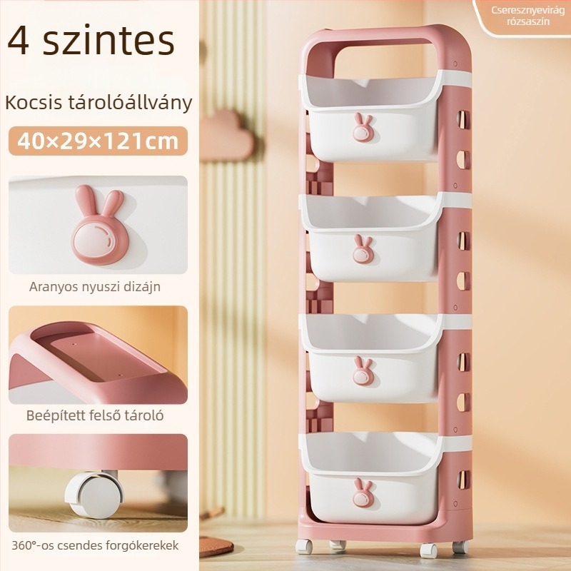 Négy szintű gyerekjáték-tároló állvány görgőkkel, pingvin mintával, levehető tárolókosárral