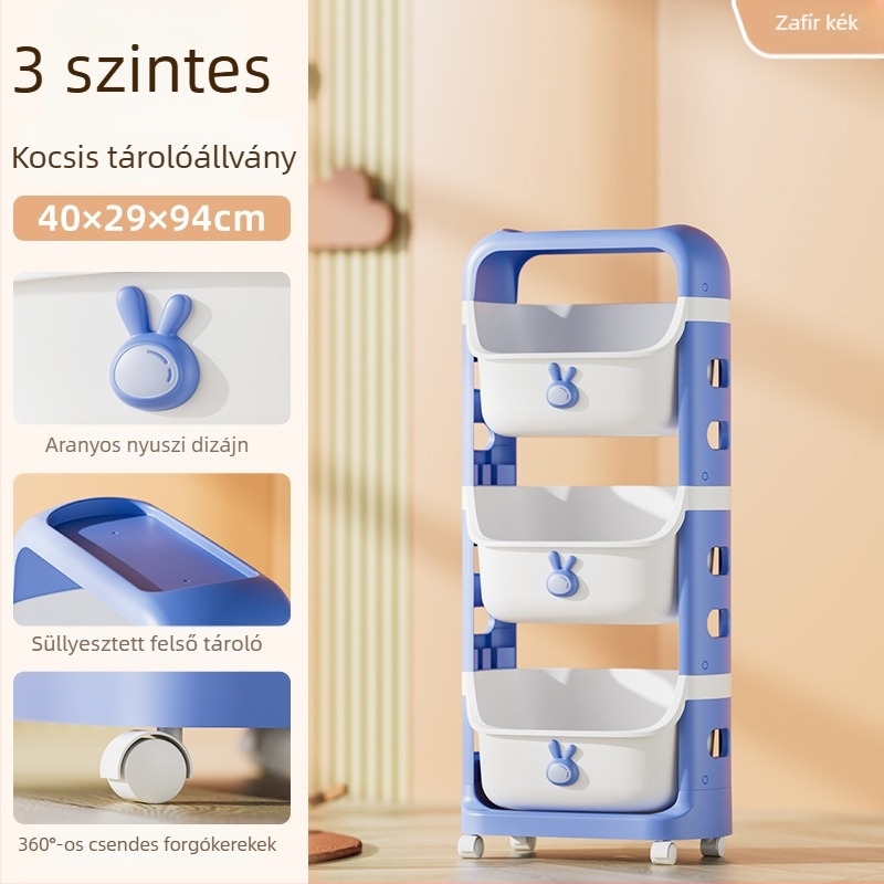 Négy szintű gyerekjáték-tároló állvány görgőkkel, pingvin mintával, levehető tárolókosárral