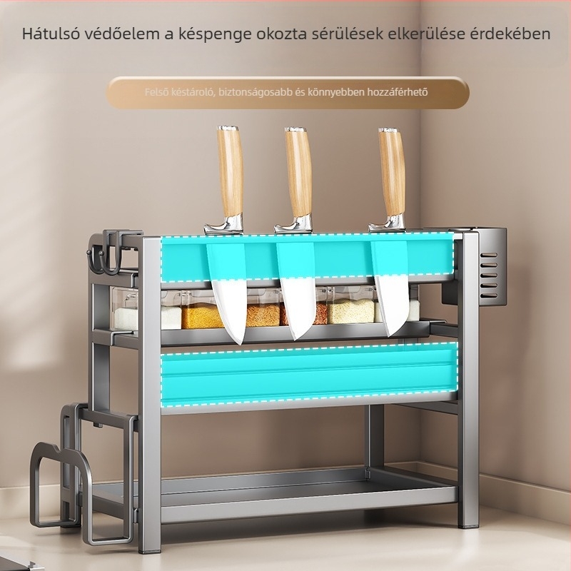 Többszintes fűszertartó a konyhapult mellé, kés- és evőpálcikák tartóval, multifunkcionális konyhai tároló