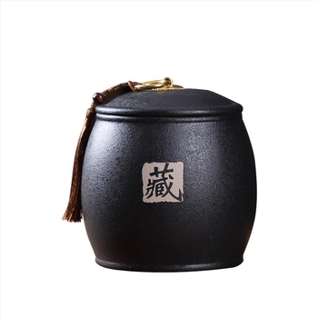 Fekete kerámia tea tároló edény, közepes méretű, japán stílusú otthoni használatra, szorosan záródó és nedvességálló, Pu'er tea tárolására (250 g)