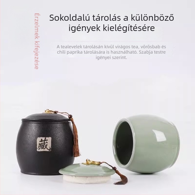 Fekete kerámia tea tároló edény, közepes méretű, japán stílusú otthoni használatra, szorosan záródó és nedvességálló, Pu'er tea tárolására (250 g)