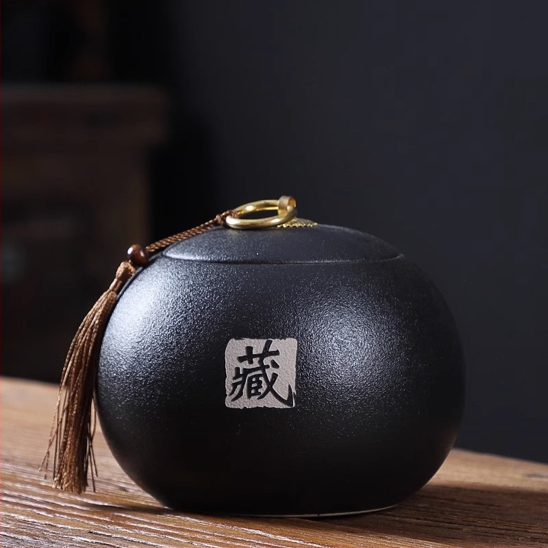 Fekete kerámia tea tároló edény, közepes méretű, japán stílusú otthoni használatra, szorosan záródó és nedvességálló, Pu'er tea tárolására (250 g)