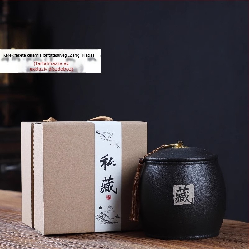 Fekete kerámia tea tároló edény, közepes méretű, japán stílusú otthoni használatra, szorosan záródó és nedvességálló, Pu'er tea tárolására (250 g)