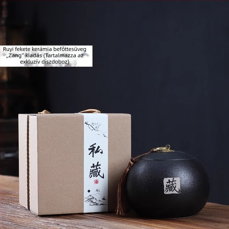 Fekete kerámia tea tároló edény, közepes méretű, japán stílusú otthoni használatra, szorosan záródó és nedvességálló, Pu'er tea tárolására (250 g)