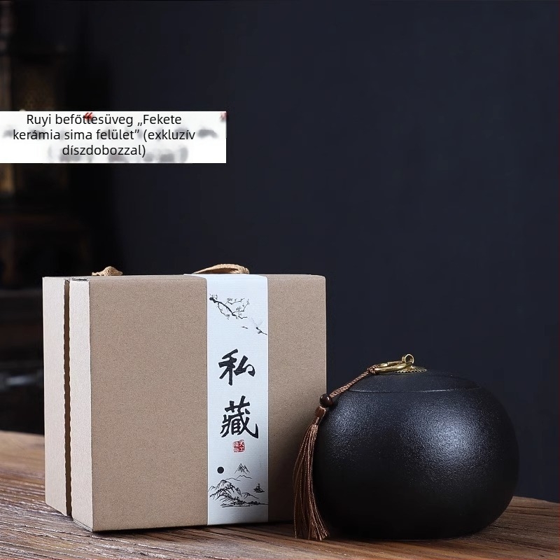 Fekete kerámia tea tároló edény, közepes méretű, japán stílusú otthoni használatra, szorosan záródó és nedvességálló, Pu'er tea tárolására (250 g)