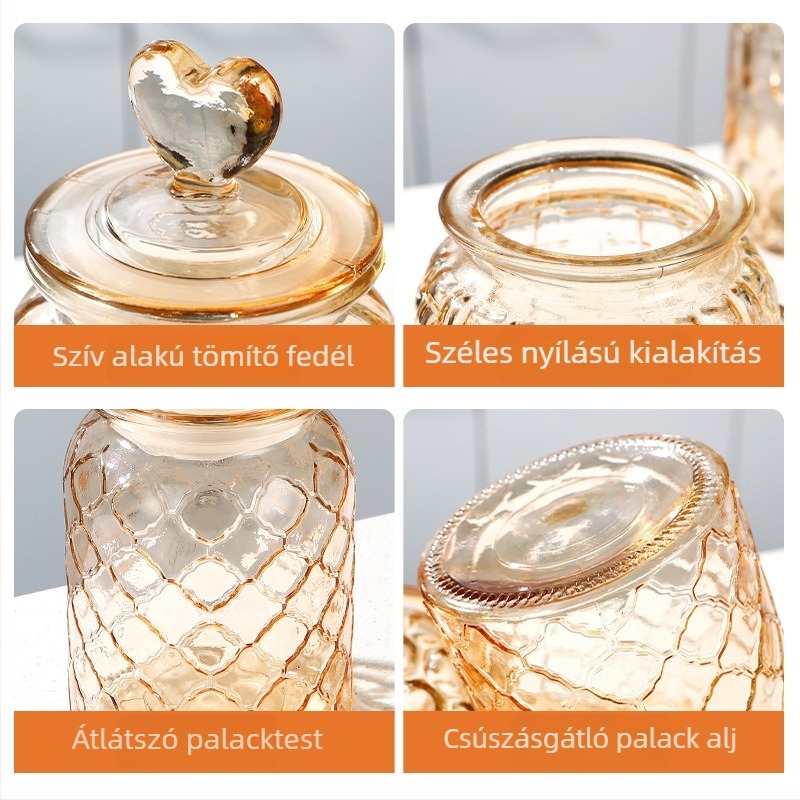 Szív alakú üveg tárolóedény, zárható fedővel, ideális snackek, édességek, gabonafélék és tealevelek tárolására
