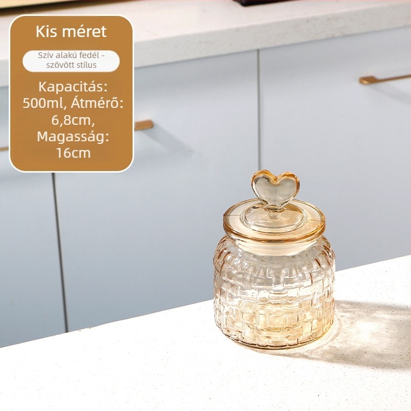 Szív alakú üveg tárolóedény, zárható fedővel, ideális snackek, édességek, gabonafélék és tealevelek tárolására