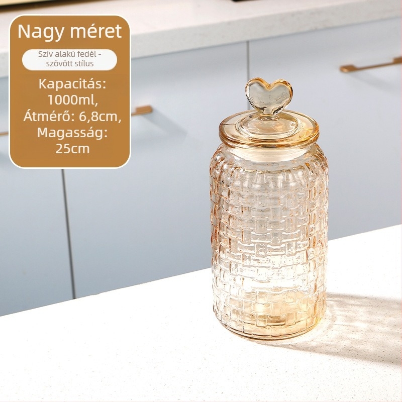 Szív alakú üveg tárolóedény, zárható fedővel, ideális snackek, édességek, gabonafélék és tealevelek tárolására