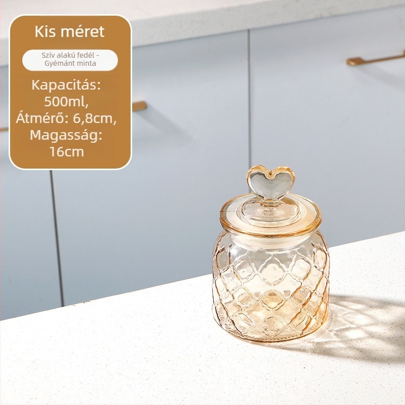 Szív alakú üveg tárolóedény, zárható fedővel, ideális snackek, édességek, gabonafélék és tealevelek tárolására