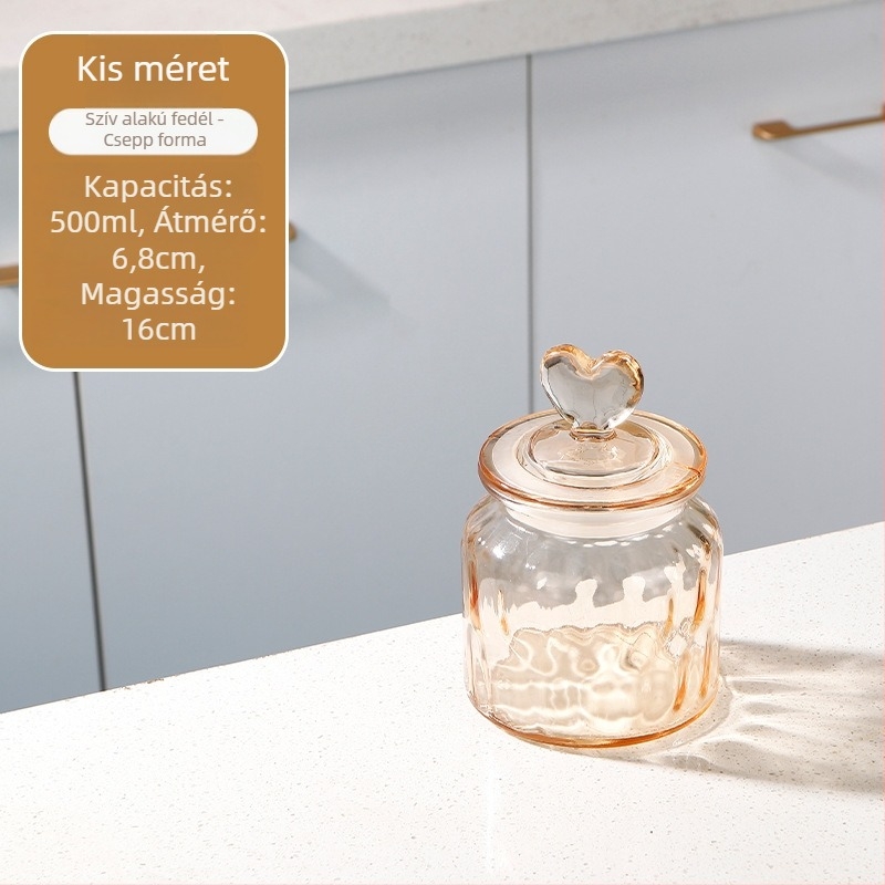 Szív alakú üveg tárolóedény, zárható fedővel, ideális snackek, édességek, gabonafélék és tealevelek tárolására