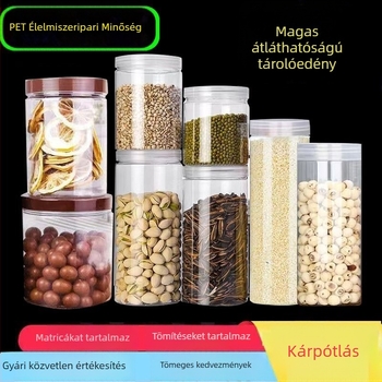 Átlátszó PET tartály lezárófedéllel – élelmiszer-minőségű műanyag tároló gabonákhoz, aszalt gyümölcsökhöz és teához