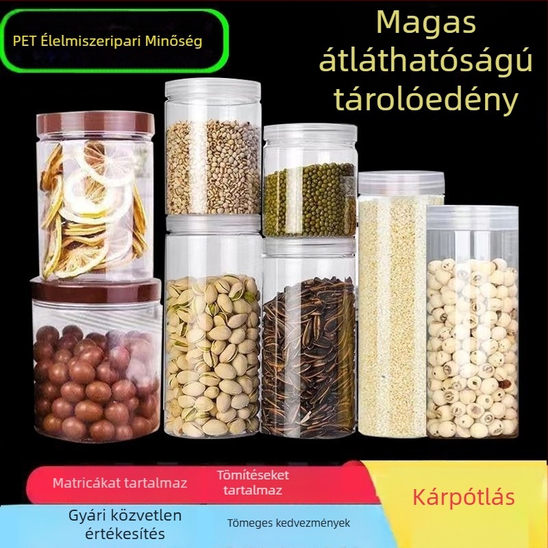 Átlátszó PET tartály lezárófedéllel – élelmiszer-minőségű műanyag tároló gabonákhoz, aszalt gyümölcsökhöz és teához