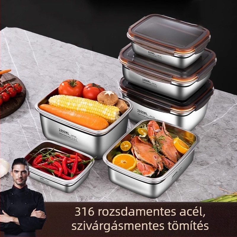 Rozsdamentes acélból készült élelmiszer-tároló doboz csattal záródó fedéllel, téglalap alakú