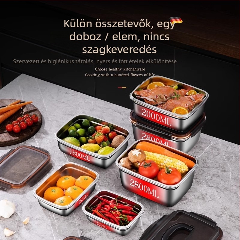 Rozsdamentes acélból készült élelmiszer-tároló doboz csattal záródó fedéllel, téglalap alakú