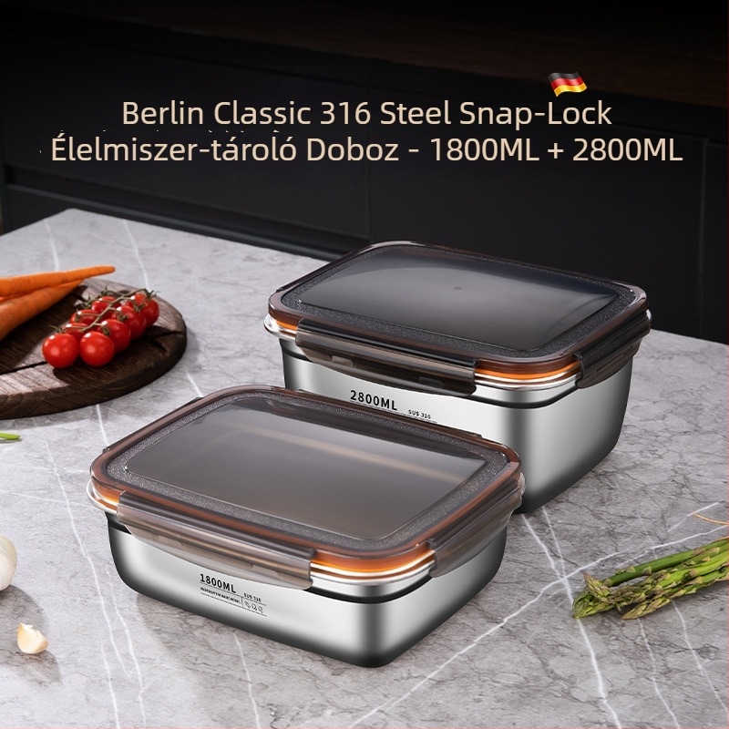 Rozsdamentes acélból készült élelmiszer-tároló doboz csattal záródó fedéllel, téglalap alakú