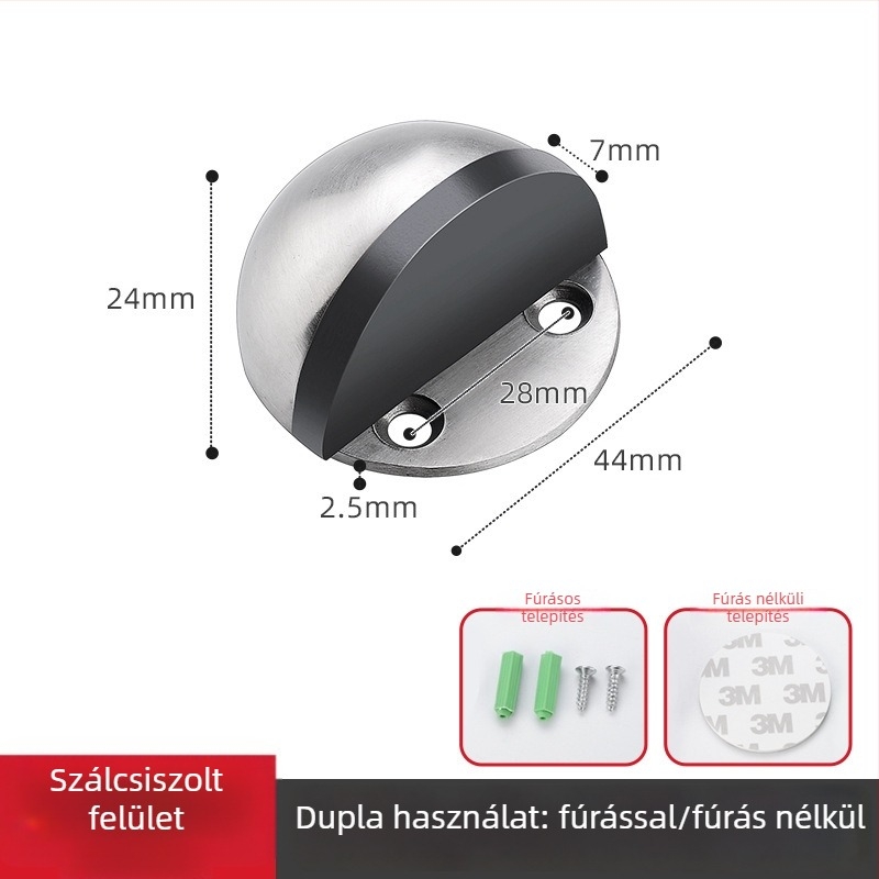 Rozsdamentes acél mágneses ajtóstop, félkör alakú fejjel, üvegfalhoz, fúrás nélküli, ütközés elleni védelem