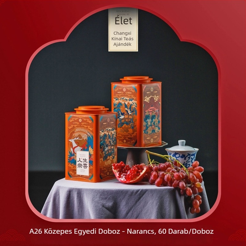 Fém teás doboz, négyszögletes formájú, ónlemezből, porvédett lezárás, fekete tea tárolására, kapacitás 125/250/500 ml, színek narancs, piros, kék, barna, modell Happiness in Life