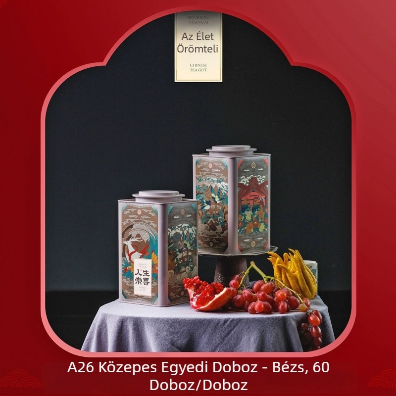 Fém teás doboz, négyszögletes formájú, ónlemezből, porvédett lezárás, fekete tea tárolására, kapacitás 125/250/500 ml, színek narancs, piros, kék, barna, modell Happiness in Life