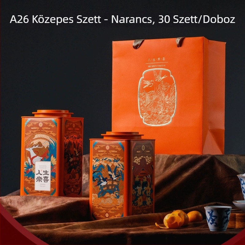 Fém teás doboz, négyszögletes formájú, ónlemezből, porvédett lezárás, fekete tea tárolására, kapacitás 125/250/500 ml, színek narancs, piros, kék, barna, modell Happiness in Life