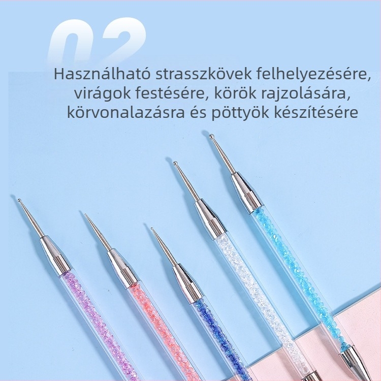 Manikűr eszközök készlet: dupla végű körömpontozó toll műanyag markolattal, kristályos strasszokkal, 5 darabos készlet