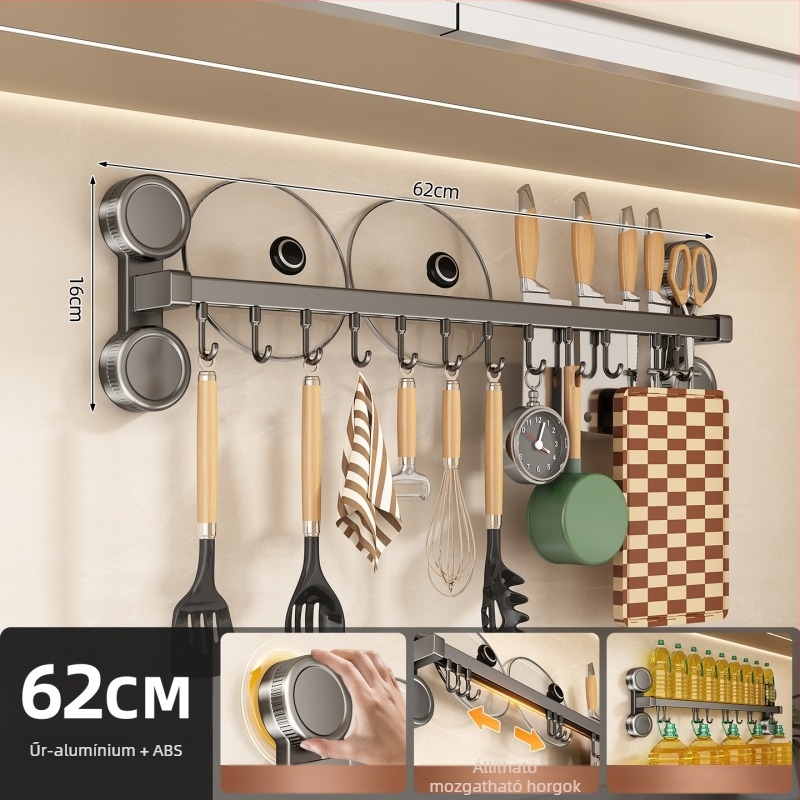 Konyhai szervező szívókorongokkal: kés tartó, spatula- és kanál rendező, falra szerelhető, fúrás nélkül