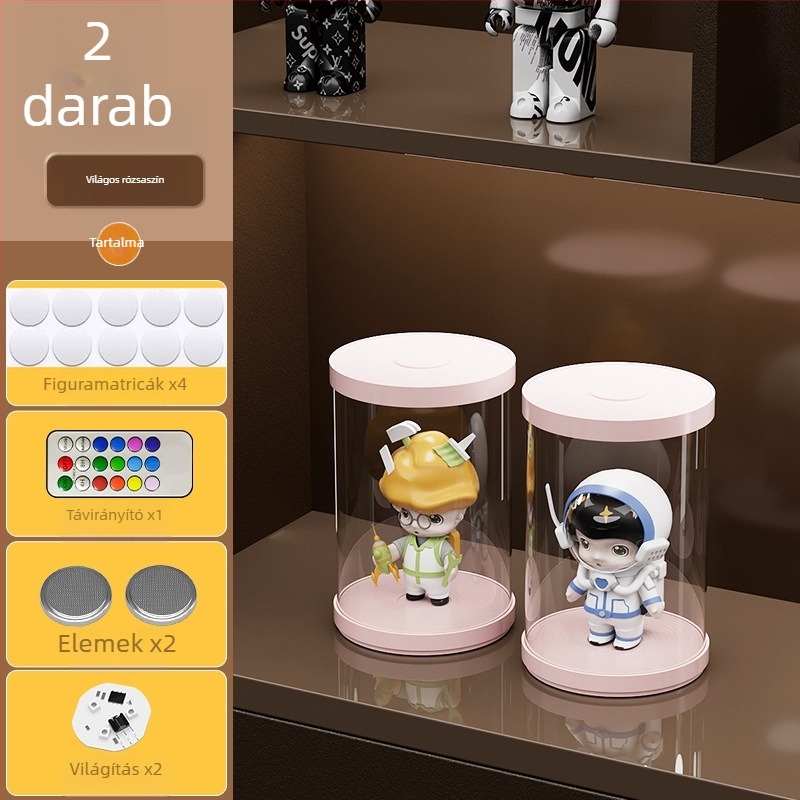 Stackelhető blind box tároló és kiállító doboz megvilágítással, átlátszó, porvédett kiállító polc gyűjtemény figurákhoz
