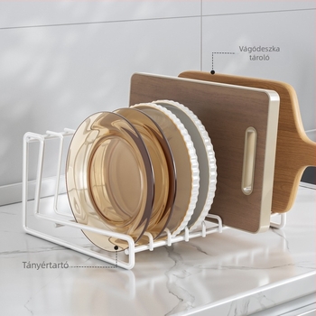 L alakú, többrekeszes tál- és vágódeszka tároló, szekrényben vagy munkalapon használható