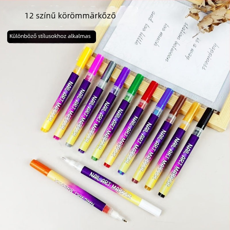 12 színű körömdíszítő tollkészlet, akril tollak, vízálló, gyorsan száradó, DIY vonalak és graffiti a körmökön