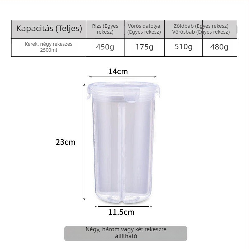 Gabonatároló doboz rekeszekkel, nedvességálló, zárható, konyhai használatra