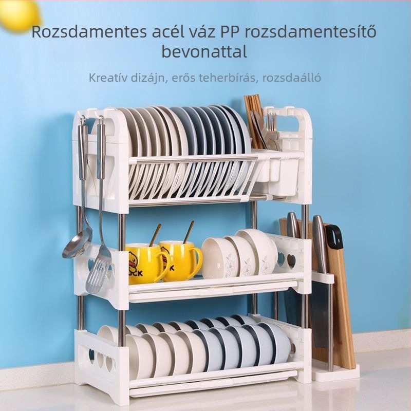 H4T Konyhai tároló- és szárítóállvány edényekhez, tálakhoz és evőpálcikákhoz, kis méretű