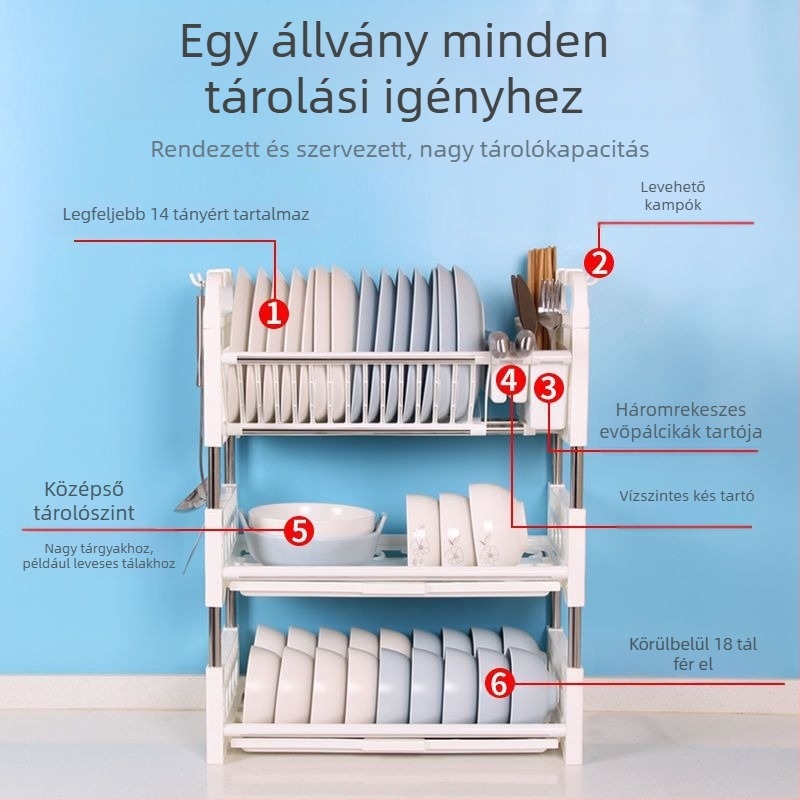 H4T Konyhai tároló- és szárítóállvány edényekhez, tálakhoz és evőpálcikákhoz, kis méretű