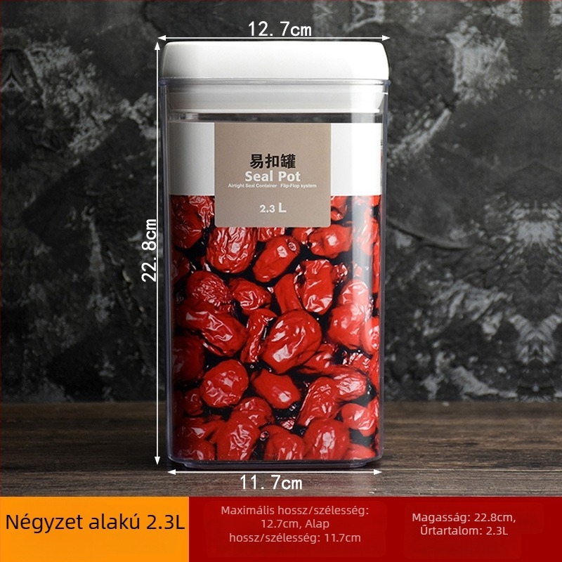 Élelmiszer-minőségű műanyag zárható tárolóedény gabonára, diófélékre, száraz árukra és kávébabokra