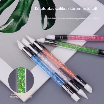 Kétoldalas szilikonos köröm készlet, 5 darab — pöttyöző toll, kristályos rúd toll, reljefes gravírozó toll
