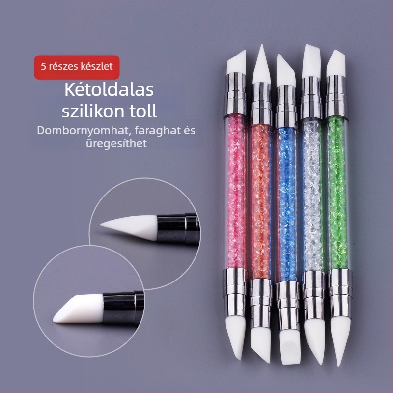 Kétoldalas szilikonos köröm készlet, 5 darab — pöttyöző toll, kristályos rúd toll, reljefes gravírozó toll