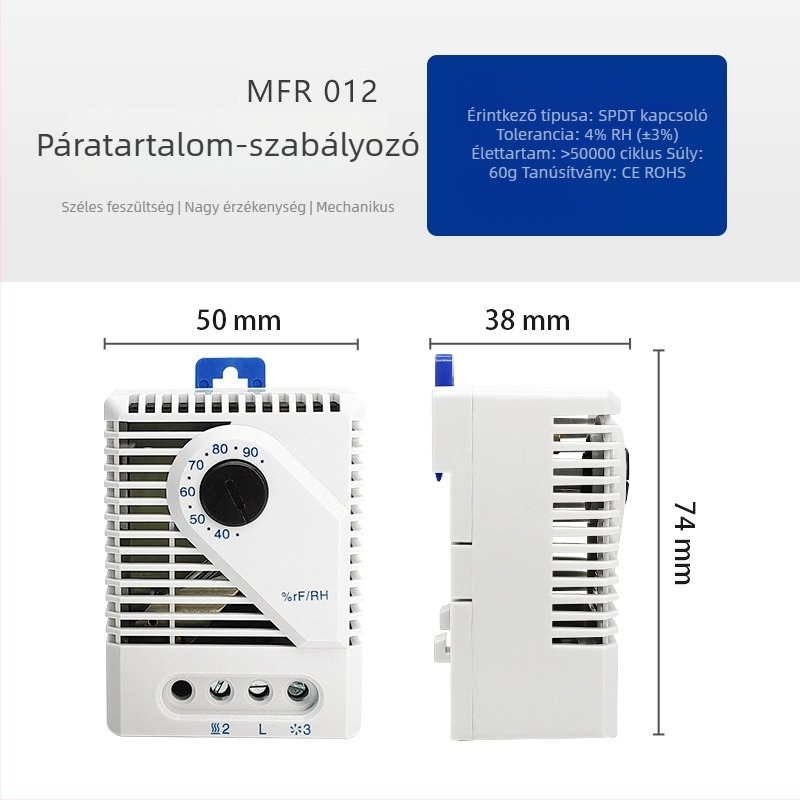 MFR012 mechanikus páratartalom-vezérlő és elektronikus páratartalom-szabályozó ipari elosztódobozokhoz