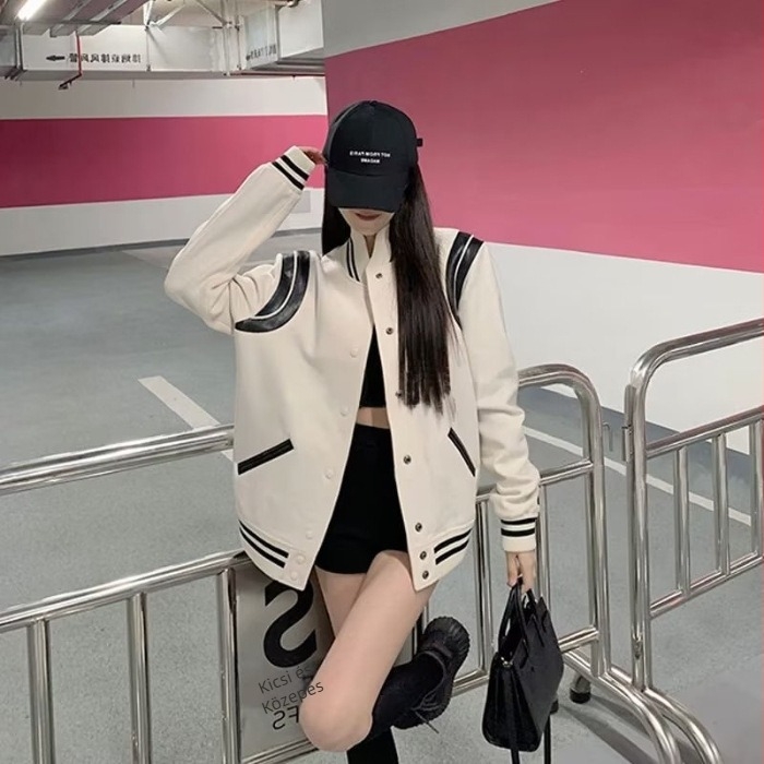Női színblokkokkal diszített baseball dzseki szőrme gallérral, laza szabás, hosszú ujjak, mindennapi streetwear