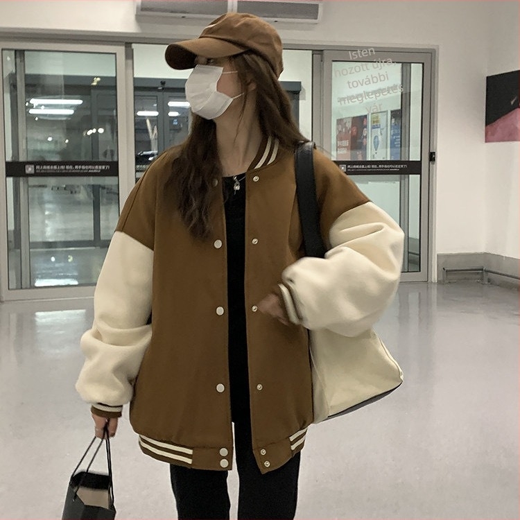 Uniszex retro amerikai stílusú dzseki fleece-béléssel és vastag kivitelben, egyetemi és koreai ihletésű, casual megjelenés